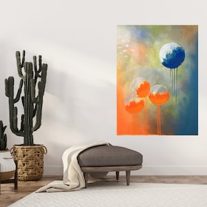 Bright , blue, orange painting , large scale , contemporary wall art, bubbles on canvas, fun, drip paint, original art