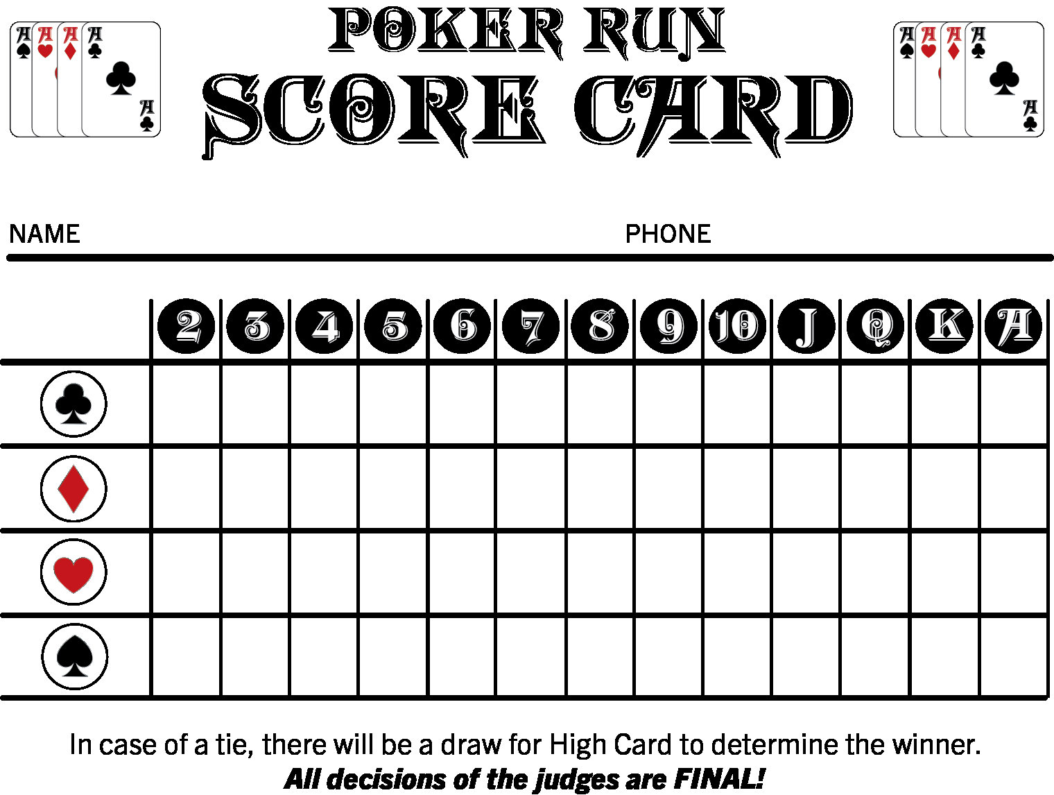 Poker Run Tally Cards