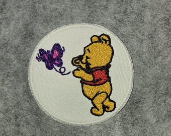 Baby Pooh Bear Chasing Butterfly Iron-on, sew-on Patch