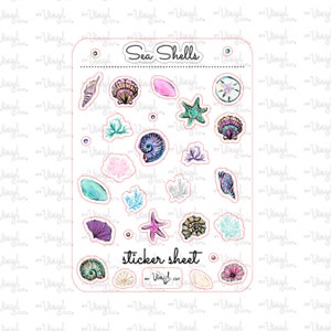 May include: A sticker sheet with a variety of sea shells, starfish, and coral designs. The sheet is white with a pink border and the text "Sea Shells" and "sticker sheet" in black.