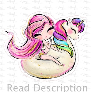May include: A whimsical sticker featuring a cartoon illustration of a girl with pink hair and a gold bikini, cuddling a unicorn with a rainbow mane. The sticker has the text "Read Description" and "WWW.MYVINYLCUT.COM".