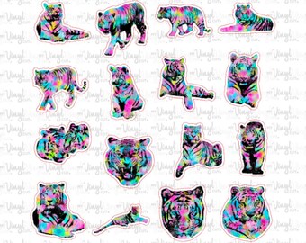 Sticker Sheet Rainbow TIGER Set of 16 stickers 1 inch to 2 inch stickers on 12 x 12 inch sheet waterproof ink permanent adhesive