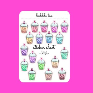May include: A sticker sheet featuring colorful bubble tea illustrations. Each cup is filled with different colored boba and topped with a straw. The words "bubble tea" and "sticker sheet" are printed on the sheet.