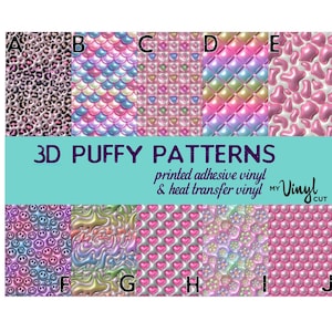 3D Puffy Designs | Printed Vinyl | Permanent Adhesive | Permanent Glitter Adhesive | Removable Adhesive | HTV | Glitter HTV | 12 x 12 inches