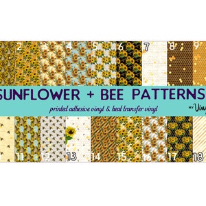 May include: A set of 18 sunflower and bee patterns printed on adhesive vinyl and heat transfer vinyl. The patterns feature various combinations of sunflowers, bees, honeycomb, and stripes in yellow, brown, and white.