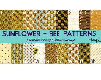 Printed Vinyl Sunflower and Bees Patterned HTV Heat Transfer Vinyl or Adhesive Vinyl 12 x 12 inch sheet IronOn Fabrics or Adhesive  Stickers