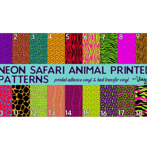 Printed HTV and Vinyl Neon Safari Animal Print patterned Heat Transfer Vinyl or Adhesive Vinyl 12 x 12 sheet for shirts or Cups