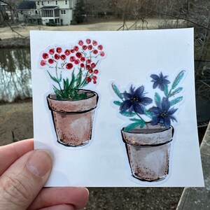 May include: Two potted plants with painted flowers. The plant on the left has red flowers and green leaves. The plant on the right has blue flowers and green leaves. Both plants are in brown pots.
