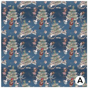 May include: A repeating pattern on a dark blue background featuring Christmas trees, toy soldiers, ballerinas, mice, rocking horses, and wrapped gifts. The illustrations are in soft pastel colors with gold accents, creating a whimsical holiday theme.