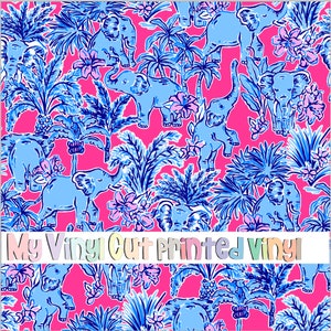 May include: A pink background with a repeating pattern of blue palm trees, pink flowers, and blue elephants. The text "My Vinyl Cut Printed Vinyl" is at the bottom of the image.