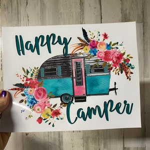Large Sticker | 17C | Happy Camper Teal and Pink Flowers | Waterproof Vinyl Sticker | Glitter Sticker | White Sticker | Permanent Adhesive