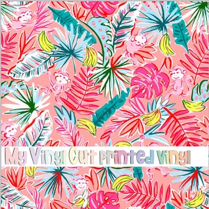 May include: A vibrant pattern featuring pink monkeys, bananas, and tropical leaves in shades of pink, red, green, and blue. The text "My Vinyl Cut printed Vinyl" is displayed across the image.