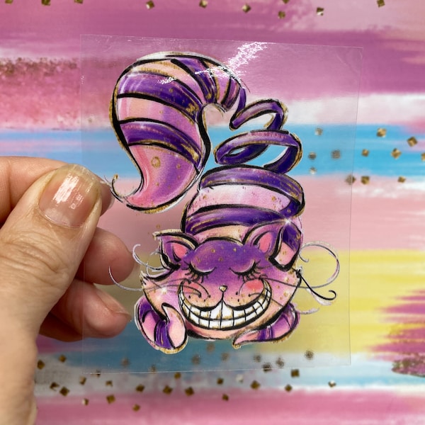 Sticker 50F Pink and Purple Cheshire Cat Alice in Wonderland PRINTED Clear Laminated Vinyl Sticker CLEARANCE