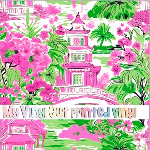 May include: A vibrant, colorful pattern featuring a pink pagoda, bridge, and lush green foliage against a white background. The design includes bright pink flowers and the text "My Vinyl Cut printed vinyl".