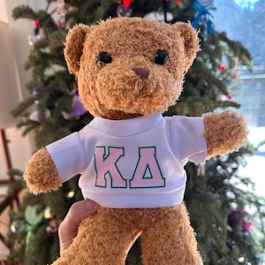 May include: A brown teddy bear wearing a white t-shirt with the letters "KA" in pink and green. The bear has a soft, plush texture and is set against a blurred background of a Christmas tree.