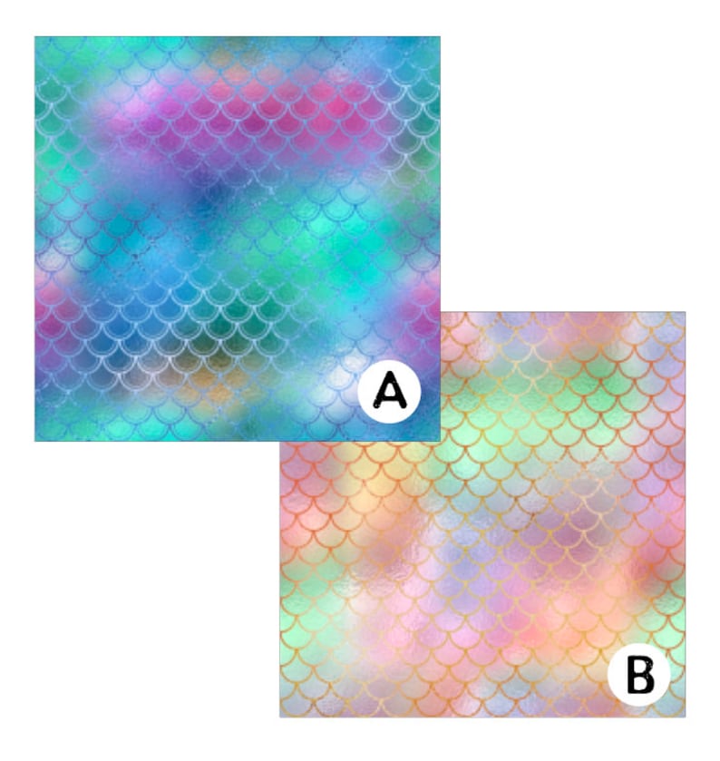 Puede incluir: Dos muestras de tela iridiscente con escamas de sirena. La muestra etiquetada como 'A' es un esquema de color azul y verde. La muestra etiquetada como 'B' es un esquema de color rosa y naranja.