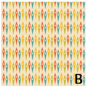 May include: A repeating pattern of colorful diamond shapes in teal, orange, yellow, and green on a cream background. The diamonds are arranged in vertical rows. The letter "B" is in the bottom right corner.