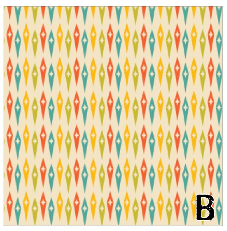 May include: A repeating pattern of colorful diamond shapes in teal, orange, yellow, and green on a cream background. The diamonds are arranged in vertical rows. The letter "B" is in the bottom right corner.