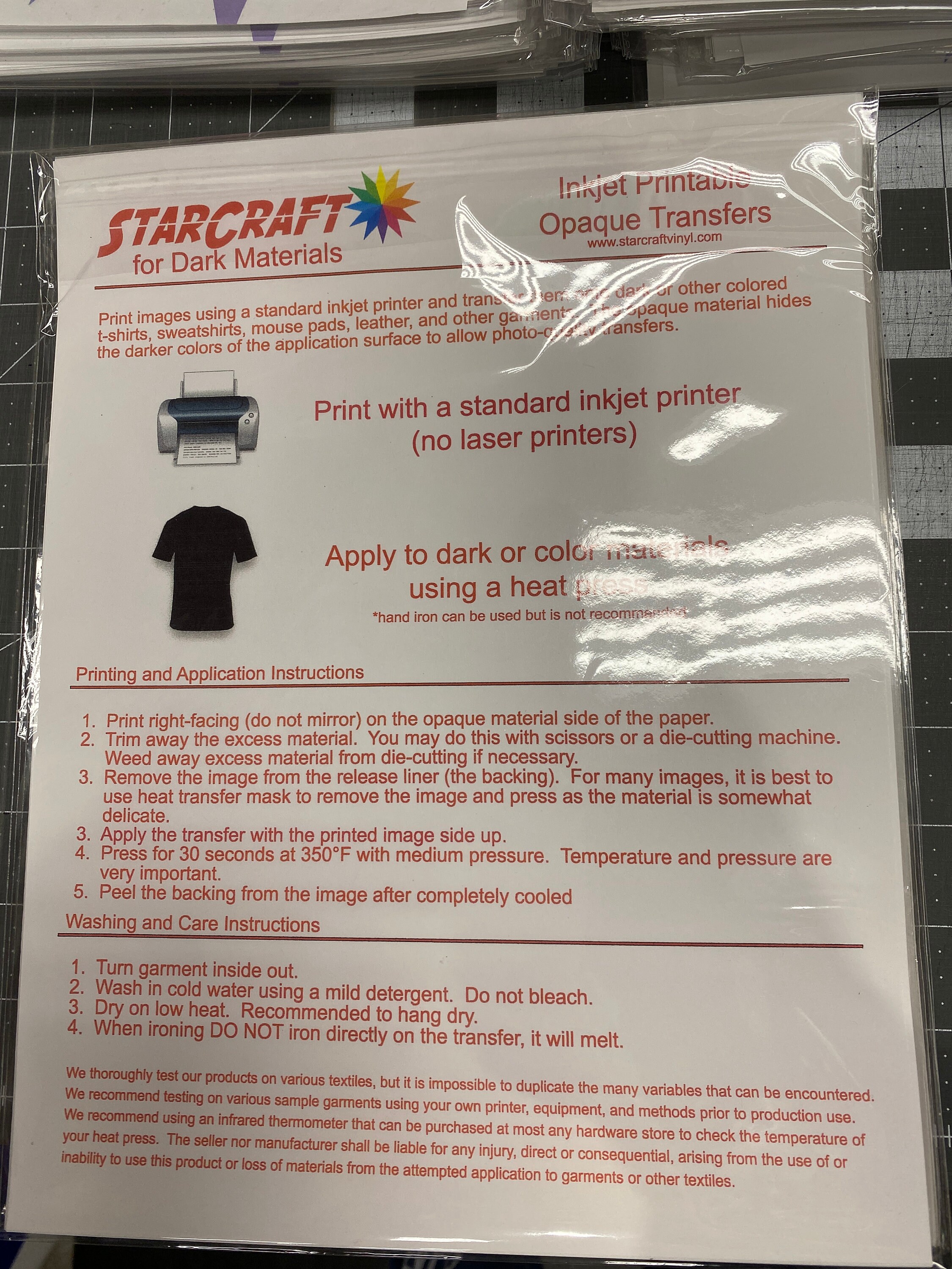 StarCraft Inkjet Printable Heat Transfer (HTV) 10 Sheet Pack - Light  Materials