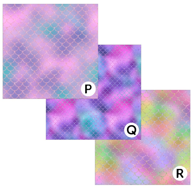 Puede incluir: Tres patrones diferentes de escamas de sirena en tonos de rosa, morado, azul y verde. Los patrones est&aacute;n etiquetados como P, Q y R.