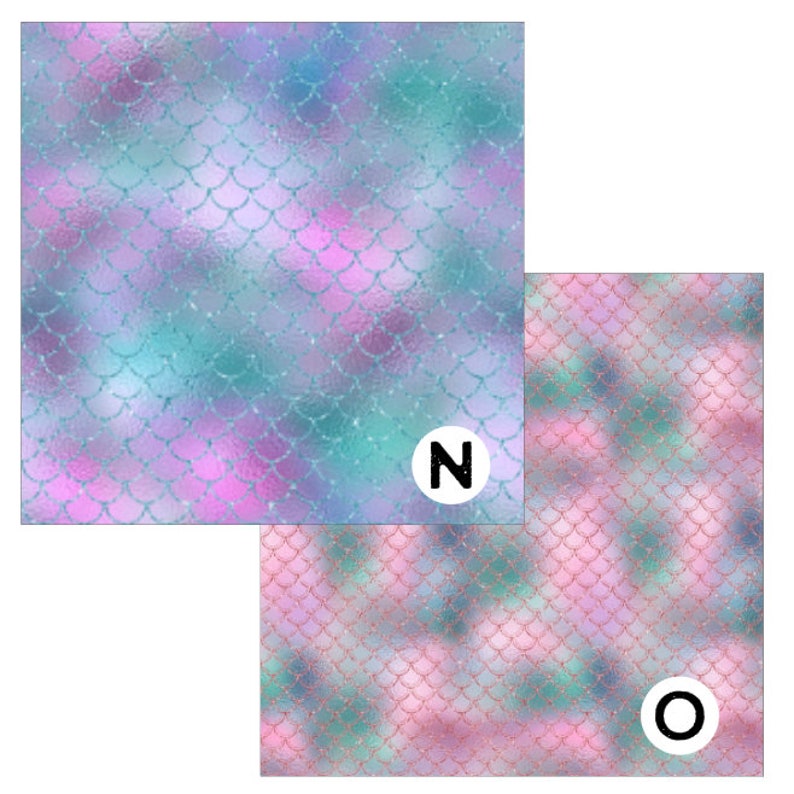 Puede incluir: Dos muestras de tela de escamas de sirena iridiscente. La muestra superior es de color azul claro y rosa con un acabado brillante. La muestra inferior es de color rosa y verde con un acabado brillante.