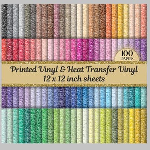 May include: A collection of 100 sheets of printed vinyl and heat transfer vinyl in various colors. Each sheet measures 12 x 12 inches. The color palette includes shades of gray, brown, pink, purple, blue, green, and yellow.