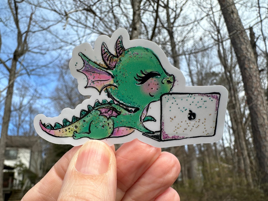 Sticker | 14L | Dragon With Laptop | Waterproof Vinyl Sticker | White ...