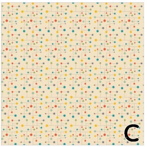 May include: A repeating pattern of colorful dots and lines on a cream background. The dots are in shades of red, blue, yellow, and green, connected by thin gray lines, creating a retro, geometric design. The letter "C" is in the bottom right corner.