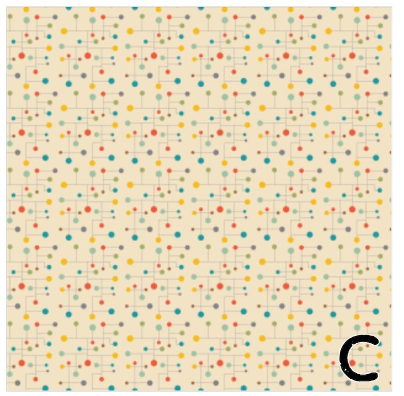 May include: A repeating pattern of colorful dots and lines on a cream background. The dots are in shades of red, blue, yellow, and green, connected by thin gray lines, creating a retro, geometric design. The letter "C" is in the bottom right corner.