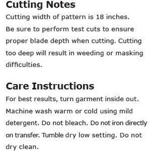 May include: Cutting notes and care instructions for a fabric pattern. The pattern is 18 inches wide. Instructions include washing, drying, and ironing recommendations.