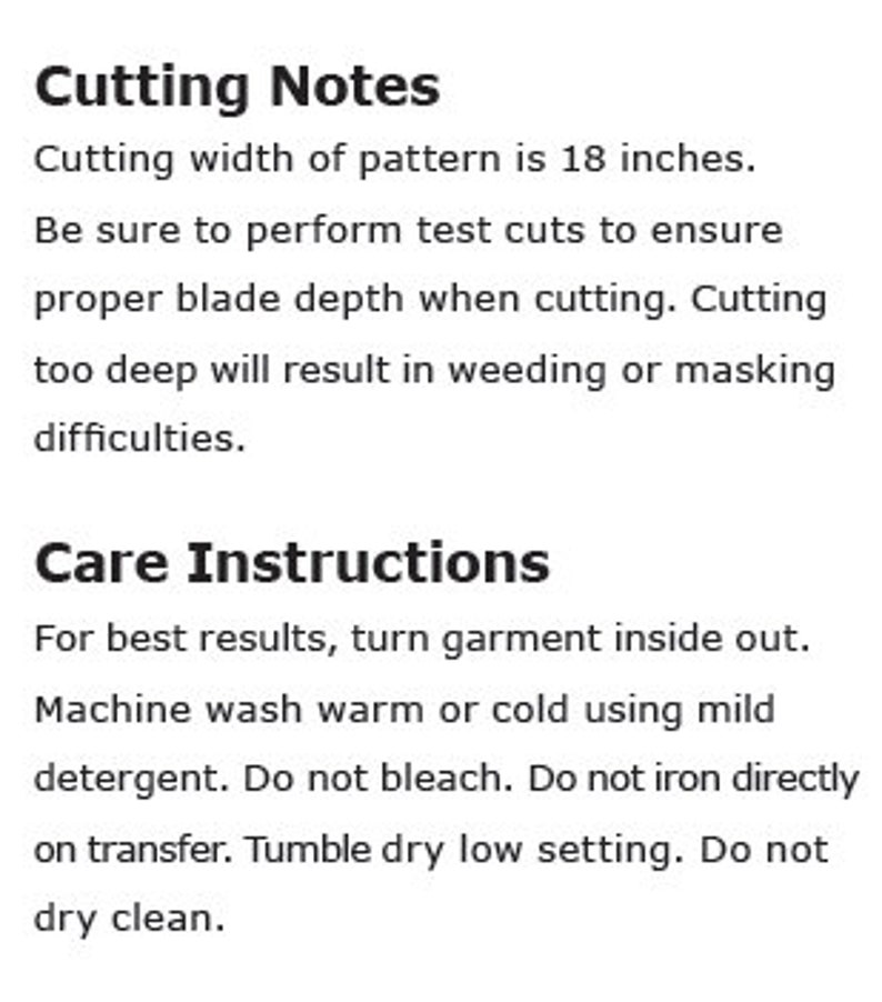 May include: Cutting notes and care instructions for a fabric pattern. The pattern is 18 inches wide. Instructions include washing, drying, and ironing recommendations.