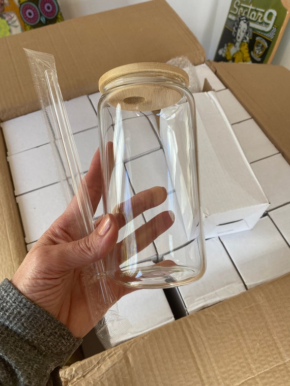 Frosted Can Shaped Glass with Bamboo lid and plastic straw