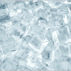 May include: A close-up image of a pile of clear ice cubes.