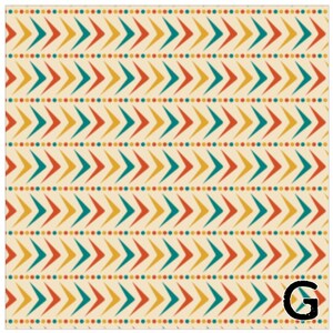 May include: A repeating pattern of colorful arrows in teal, red, and yellow on a cream background. The arrows point in the same direction, alternating with rows of small dots. The letter "G" is in the bottom right corner.