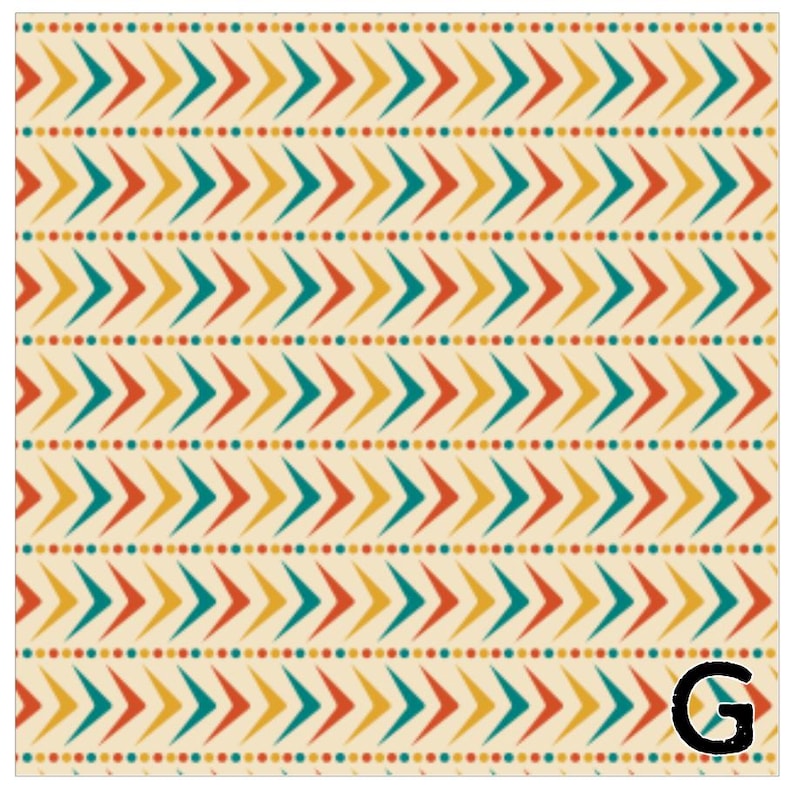 May include: A repeating pattern of colorful arrows in teal, red, and yellow on a cream background. The arrows point in the same direction, alternating with rows of small dots. The letter "G" is in the bottom right corner.