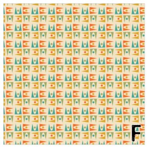 May include: A repeating pattern of colorful geometric shapes in orange, teal, yellow, and green on a cream background. The design features stylized triangles and circles, creating a retro, mid-century modern aesthetic. The letter "F" is in the bottom right corner.