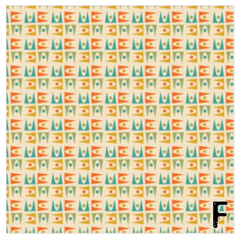 May include: A repeating pattern of colorful geometric shapes in orange, teal, yellow, and green on a cream background. The design features stylized triangles and circles, creating a retro, mid-century modern aesthetic. The letter "F" is in the bottom right corner.