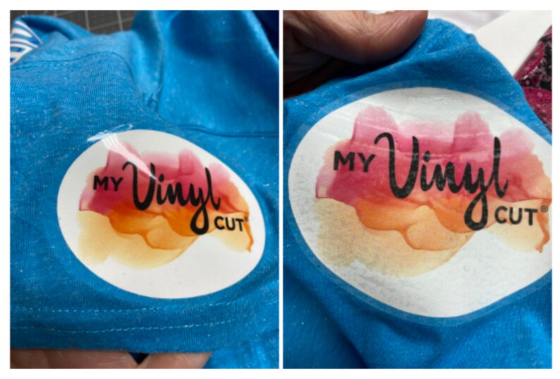 Puede incluir: Una superficie de tela azul brillante con una pegatina circular que presenta un fondo estilo acuarela en tonos rosa, naranja y amarillo. El texto negro en la pegatina dice My Vinyl Cut, con la palabra Vinyl en una fuente cursiva.
