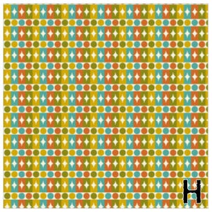 May include: A repeating pattern with geometric shapes in a variety of colors. The design includes rows of circles, diamonds, and squares in shades of yellow, orange, teal, and olive green. The letter "H" is in the bottom right corner.