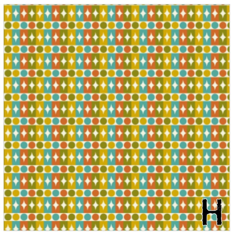 May include: A repeating pattern with geometric shapes in a variety of colors. The design includes rows of circles, diamonds, and squares in shades of yellow, orange, teal, and olive green. The letter "H" is in the bottom right corner.