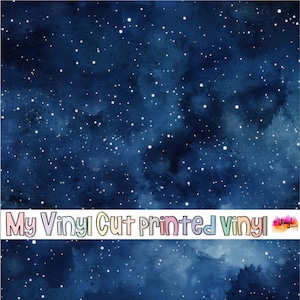 May include: Dark blue vinyl sheet with a watercolor effect, resembling a starry night sky. White speckles create the illusion of stars. The text "My Vinyl Cut printed Vinyl" is displayed across the bottom.