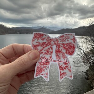 Vinyl Sticker | Alpha Omicron Pi E | Toile Bow | Waterproof | Permanent Removable | Window Cling | Glitter | Holographic | Clear Gloss Matte