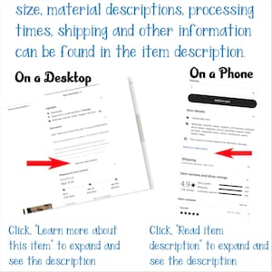 May include: A screenshot of an Etsy product listing on a desktop and a mobile phone. The listing is for a handmade item with details about the materials, shipping, and customer reviews. The text on the desktop screenshot says "Learn more about this item" and the text on the mobile screenshot says "Read item description".