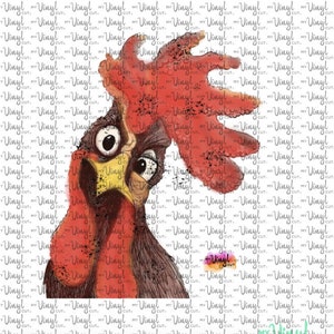 May include: A watercolor illustration of a rooster's head with a red comb and wattle. The rooster has a surprised expression with its eyes wide open and its beak slightly open. The background is a white pattern.
