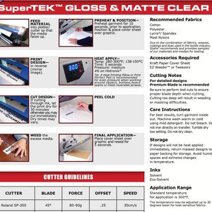 Puede incluir: Una gu&iacute;a de instrucciones para el material de transferencia t&eacute;rmica SuperTEK Gloss & Matte Clear. El documento presenta fotos paso a paso para alimentar, imprimir, cortar, depilar y aplicar dise&ntilde;os, junto con especificaciones t&eacute;cnicas y cuidados.