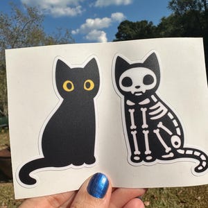 Sticker | 25L | Pair of Stickers Black Cat Skeleton Cat PRINTED vinyl sticker White Clear or Glitter Sticker