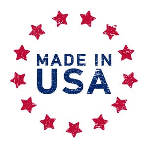 May include: A white background with the words "MADE IN USA" in blue, surrounded by a circle of red stars. The text and stars have a distressed, textured appearance.