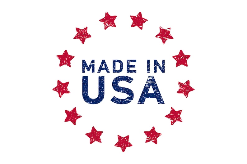 May include: A white background with the words "MADE IN USA" in blue, surrounded by a circle of red stars. The text and stars have a distressed, textured appearance.