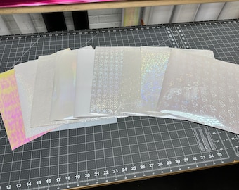 SAMPLE PACK Holographic Laminating Sheets 12 x 12 inches, 6 x 12 inches, 8 1/2 x 11 inches for Cold Laminating Sticker Overlay 9 SHEETS