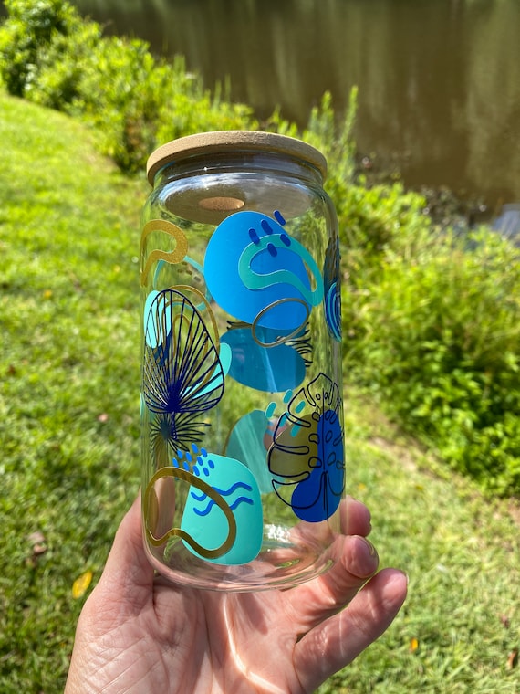 16 Oz Soda Can Shaped Clear Drinking Glass With Abstract Design Applied  With Vinyl Bamboo Lid, Plastic Straw Hand Wash Only 